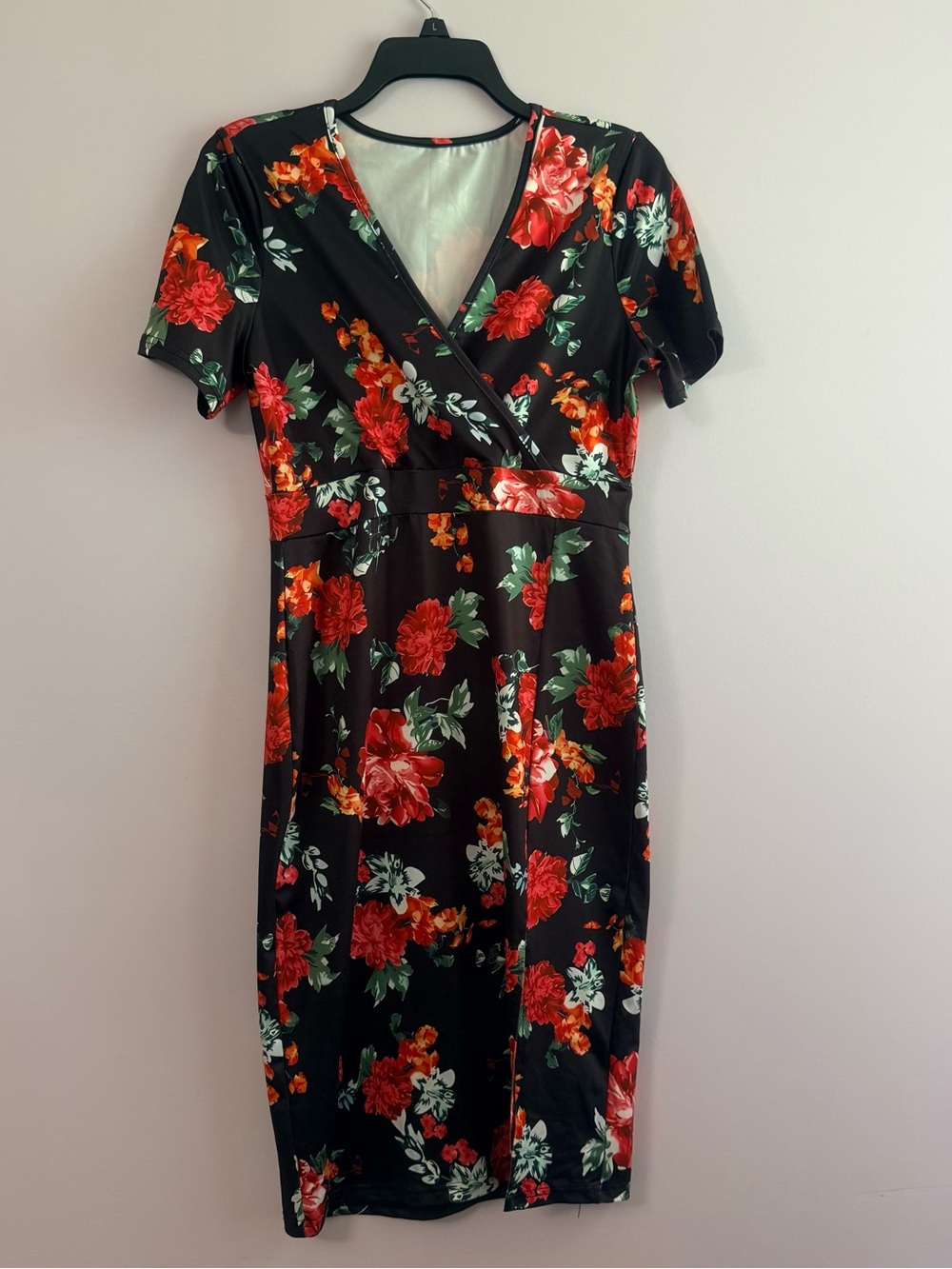 Black Floral Wrap Midi Dress with Red Blooms